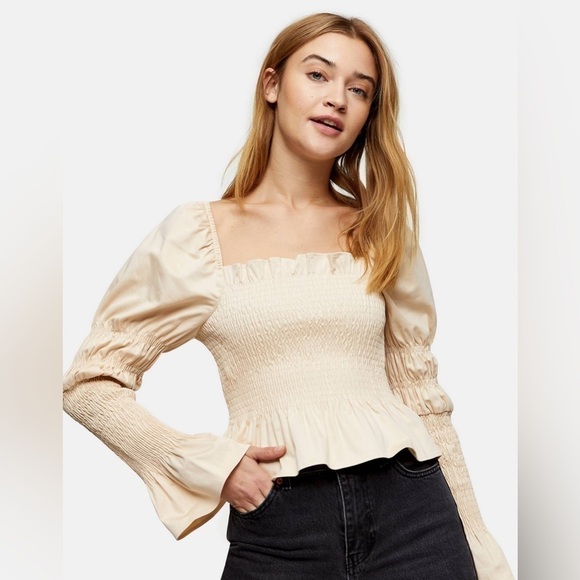 Topshop Tops - Topshop‎ milkmaid shirred blouse long sleeve statement unique neutral office